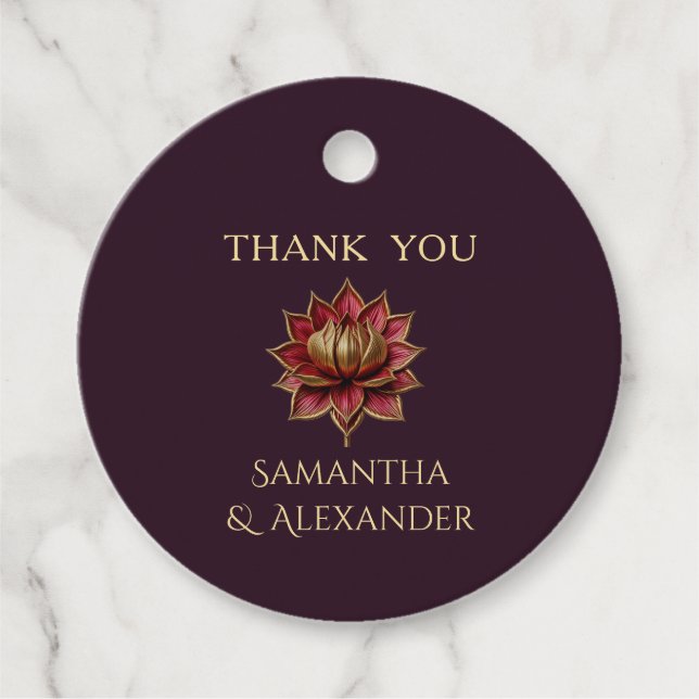 Plum Gold Round Wedding Favour Tag with Twine (Front)