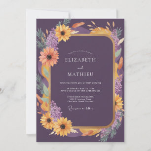 Plum Gold Sunflower Eucalyptus Wedding Invitation