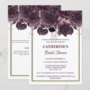 Plum gold white rose watercolor bridal shower chic invitation