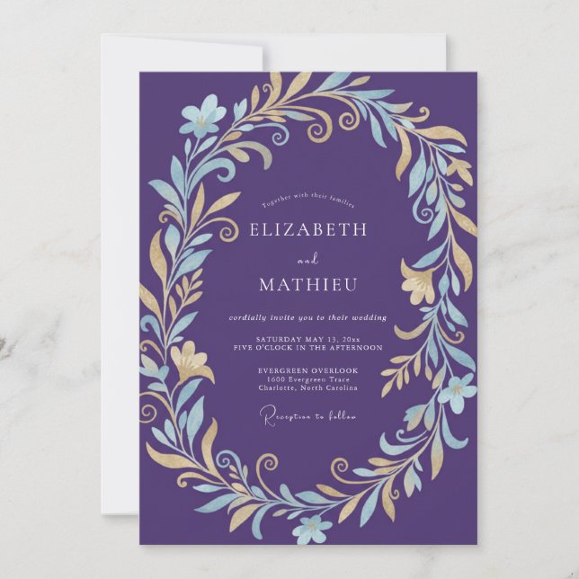 Plum Golden Vine Wedding Invitation (Front)