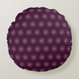 Plum   Golden Zinnia Flower Medallions Round Pillow