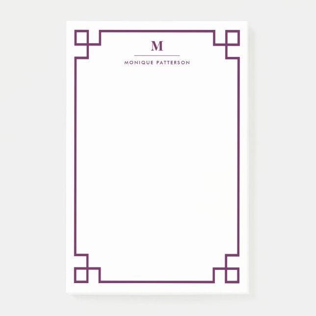 Plum Greek Key Border Monogram Personalized Post-it Notes (Front)
