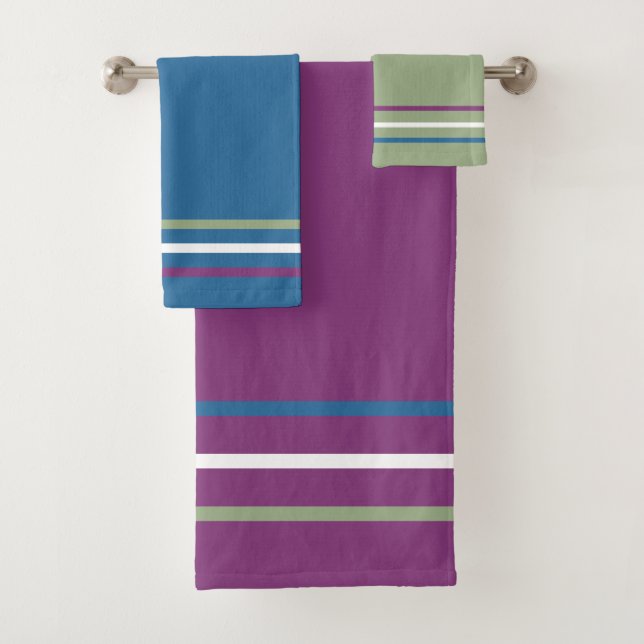 Plum Green Blue White Geometric Stripes Bath Towel Set (Insitu)