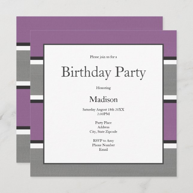Plum Grey and White Stripes Invitation (Front/Back)