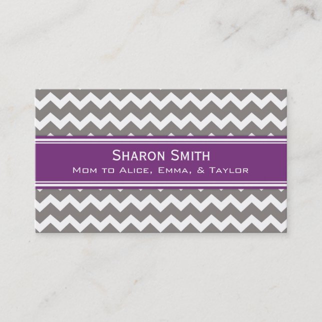 Plum Grey Chevron Retro Mom Calling Cards (Front)
