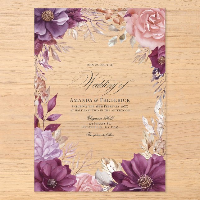 Plum, Grey, Copper, and Dusty Rose Floral Wedding Acrylic Invitations (Front)