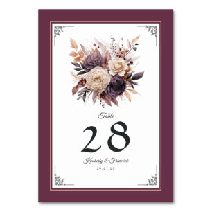 Plum, Grey, Copper and Dusty Rose Floral Wedding Table Number