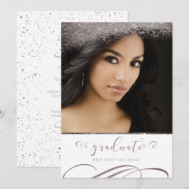 Plum Grey Glitter Elegant Script Graduate Invitation (Front/Back)