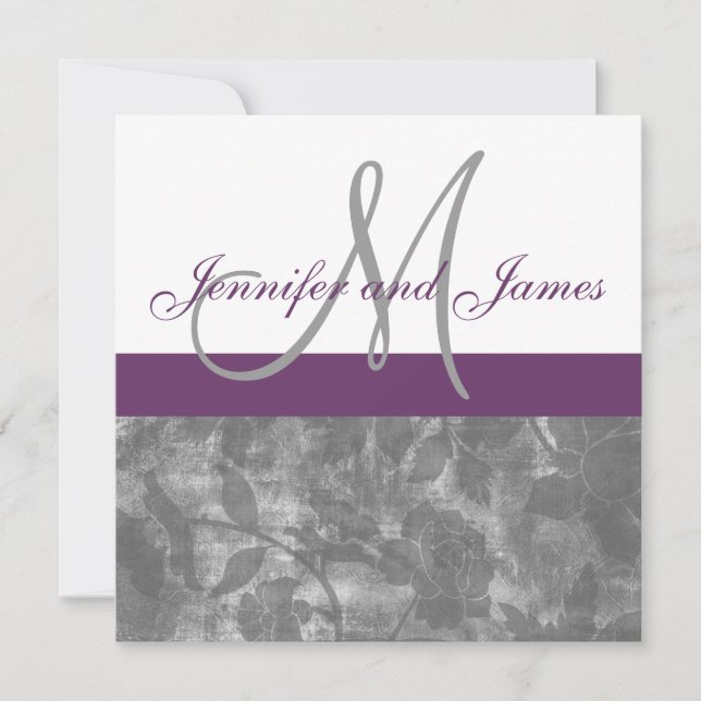 Plum Grey Wedding Invitation Monogram Names Floral (Front)