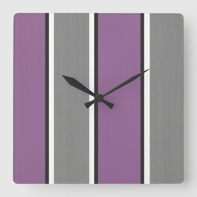 Plum Grey White Stripe Modern Square Wall Clock (Front)