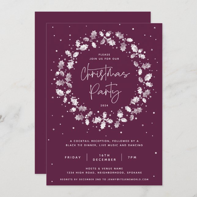 Plum Hand Printed Holly Wreath Christmas Party Invitation (Front/Back)