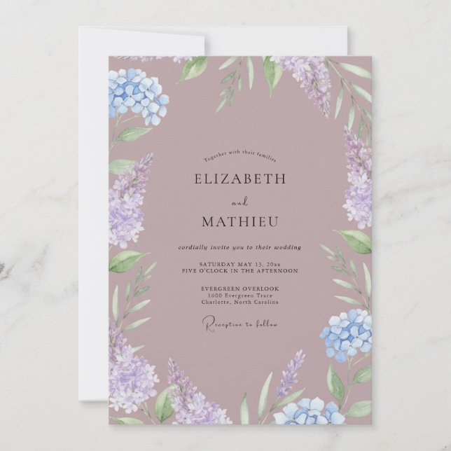 Plum Hydrangea Eucalyptus Wedding Invitation (Front)