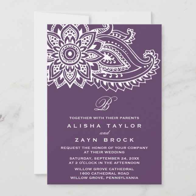 Plum Indian Paisley Wedding Invitation (Front)