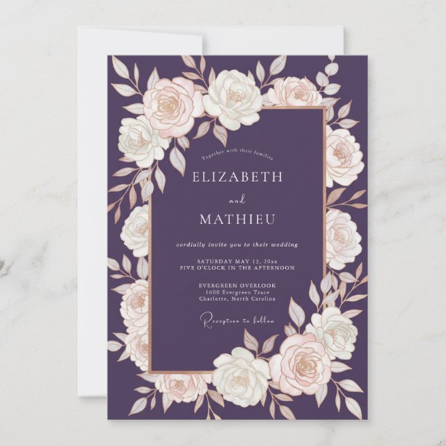 Plum Ivory Rose Wedding Invitation (Front)