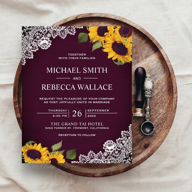 Plum Lace Sunflower Budget Wedding Invitation (Creator Uploaded)