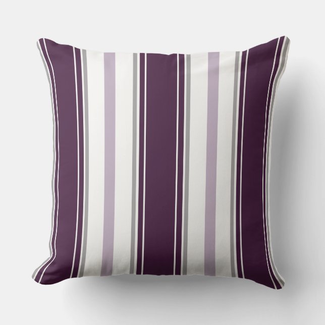Plum Lavender Grey White Vertical Stripes  | Throw Pillow (Front)