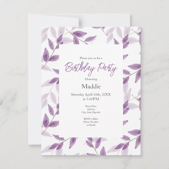 Plum Layered Watercolor Leaves Pattern Invitation (Front)