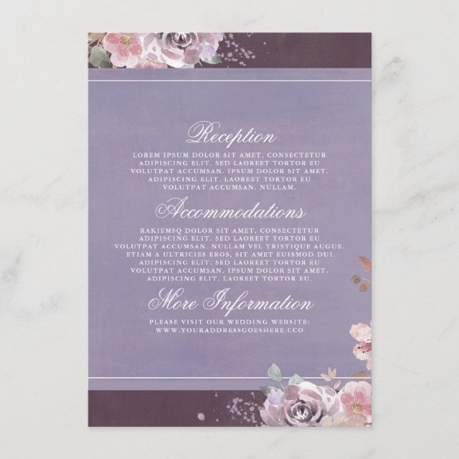 Plum Lilac and Mauve Wedding Information Guest Enclosure Card (Front)