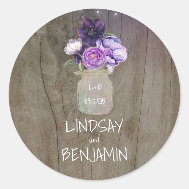 Plum Lilac Flowers Mason Jar Rustic Wedding Classic Round Sticker (Front)