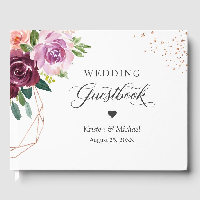 Plum Lilac Purple Floral Rose Gold Wedding Guest Book (Front)
