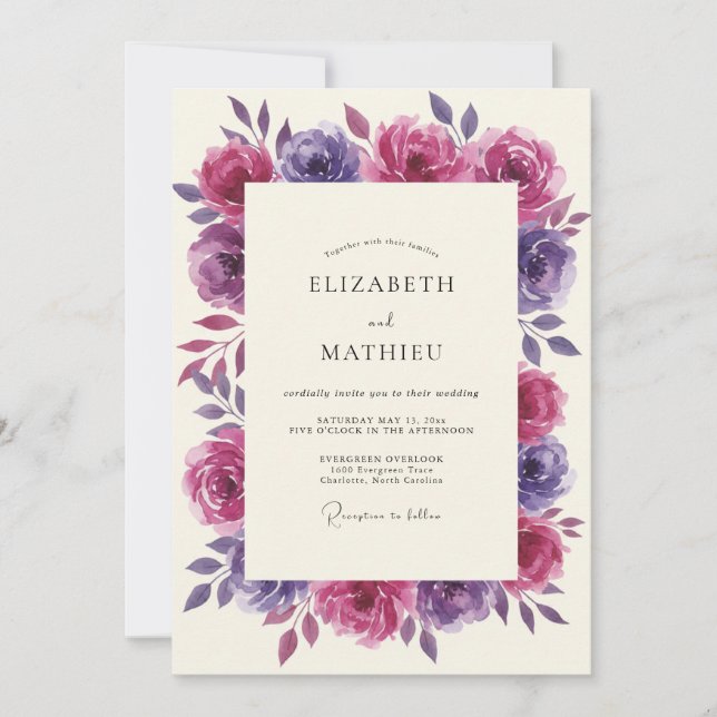 Plum Magenta Wreath Wedding Invitation (Front)