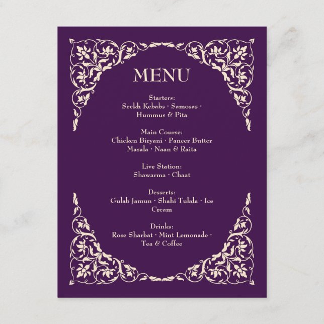 Plum Majesty Champagne Accents Wedding Menu  (Front)