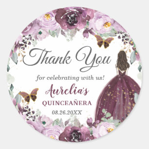 Plum Mauve Floral Butterflies Princess Favour Classic Round Sticker