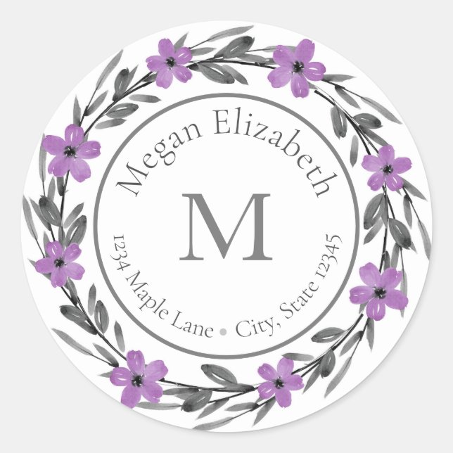 Plum Mauve Grey Watercolor Floral Wreath labels (Front)