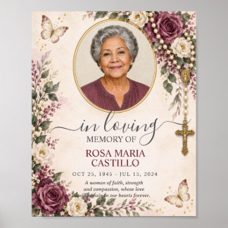Plum Mauve Ivory Floral Photo Catholic Memorial Poster