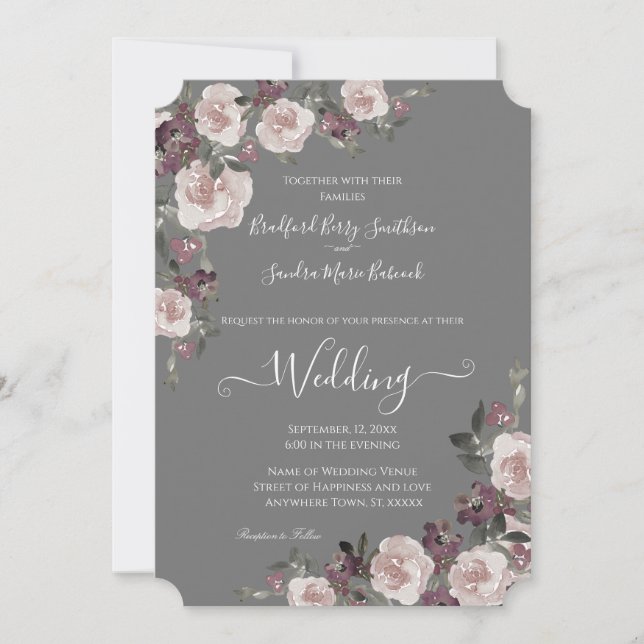 Plum mauve sur Faire-part de mariage floral gris (Devant)