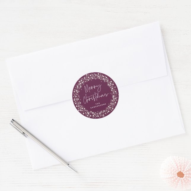 Plum Merry Christmas Script Sparkling Lights Classic Round Sticker (Envelope)