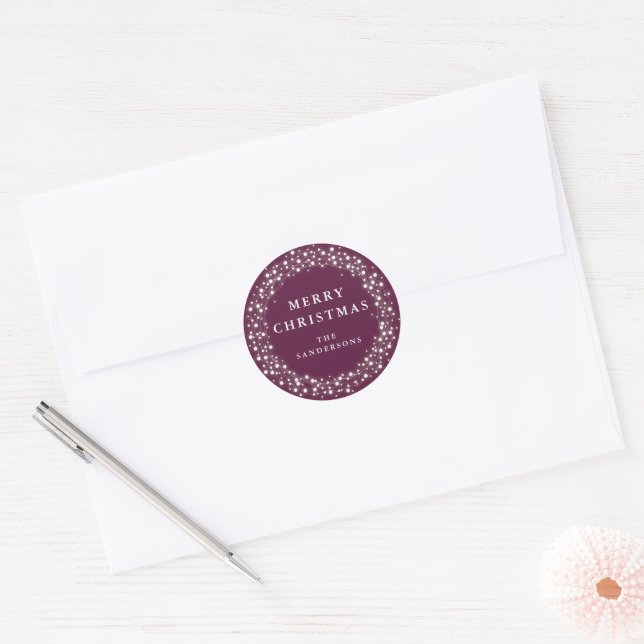 Plum Merry Christmas Sparkling Lights Christmas Classic Round Sticker (Envelope)