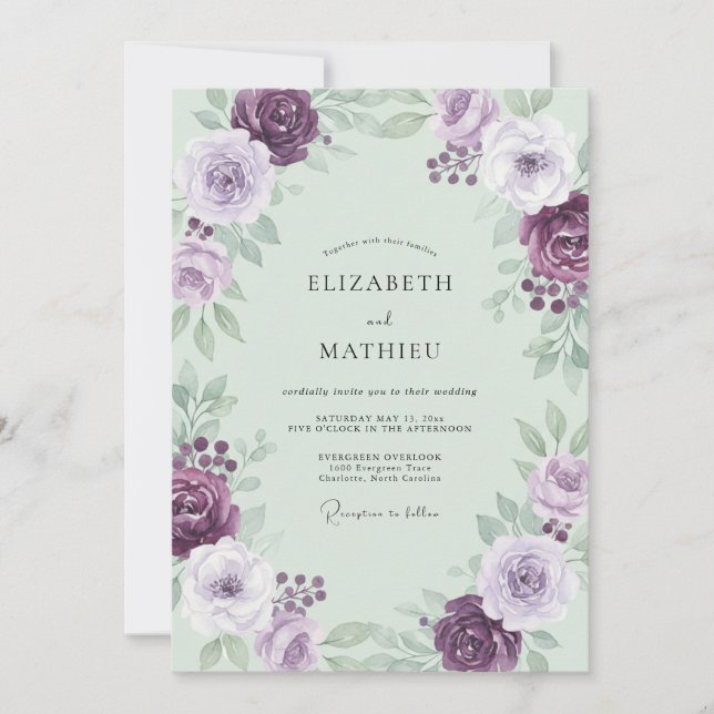Plum Mint Foliage Dusty Eucalyptus Wedding Invitation (Front)