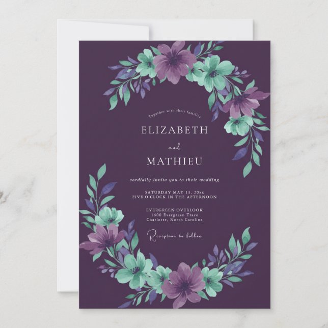 Plum Mint Wreath Wedding Invitation (Front)