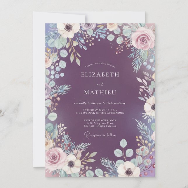 Plum Mystic Botanical Flora Wedding Invitation (Front)