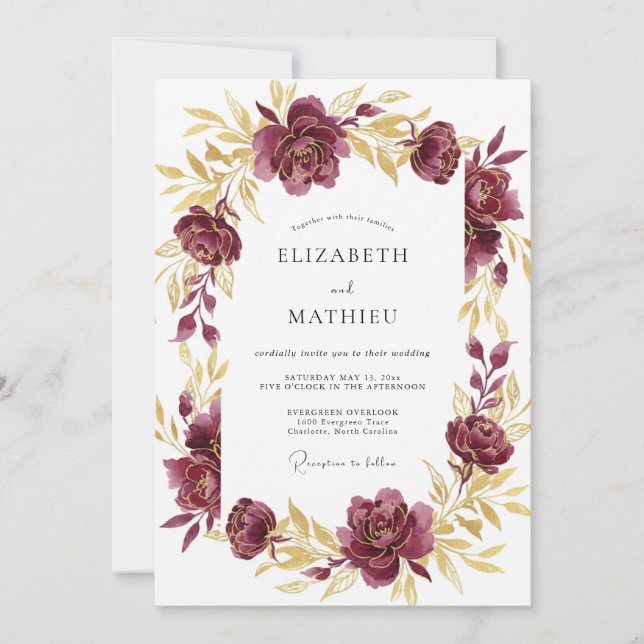 Plum Ochre Peony Wedding Invitation (Front)