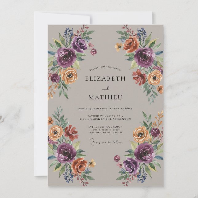 Plum Ochre Wildflower Wedding Invitation (Front)