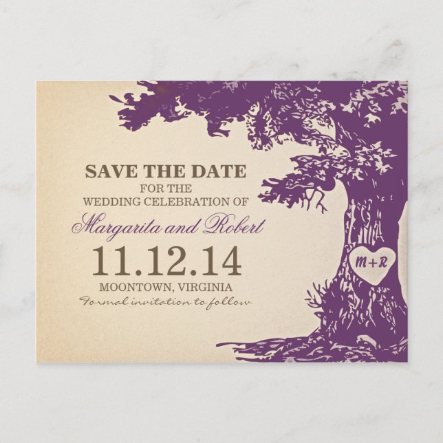 plum old oak tree save the date postcards (Front)