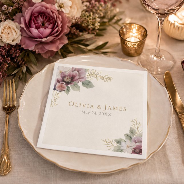 Plum & Olive Botanical Wedding Napkin (Plum & Olive Botanical Wedding Napkin)