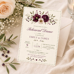 Plum Olive Botanical Wedding Rehearsal Dinner Invitation