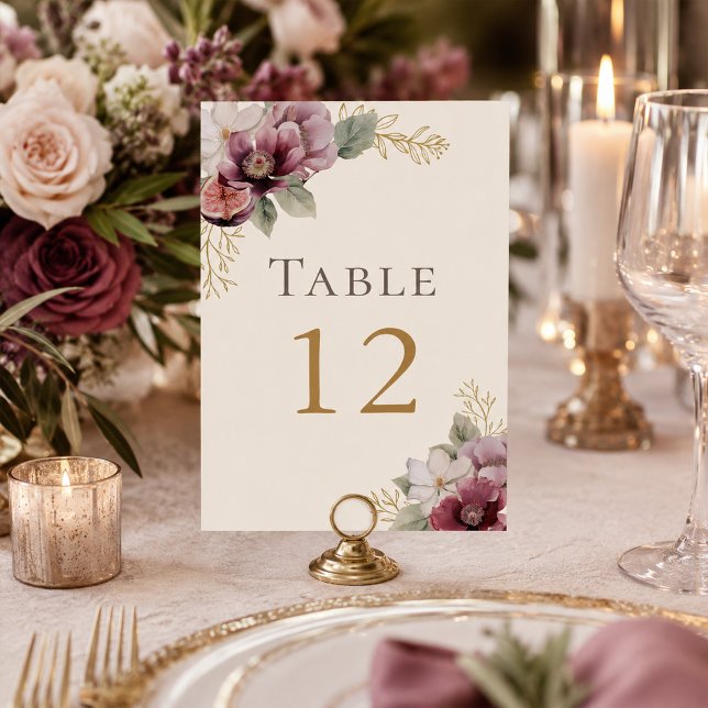 Plum & Olive Botanical Wedding Table Number (Plum & Olive Botanical Wedding Table Number)
