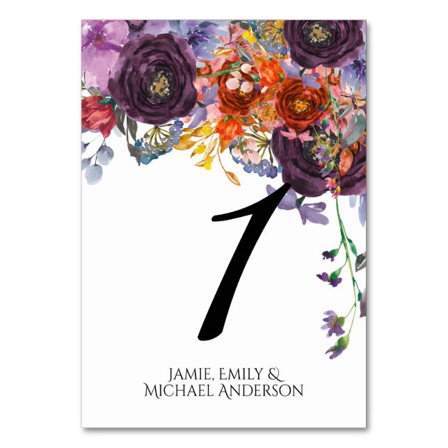 Plum Orange Floral Personalized Table Number (Front)