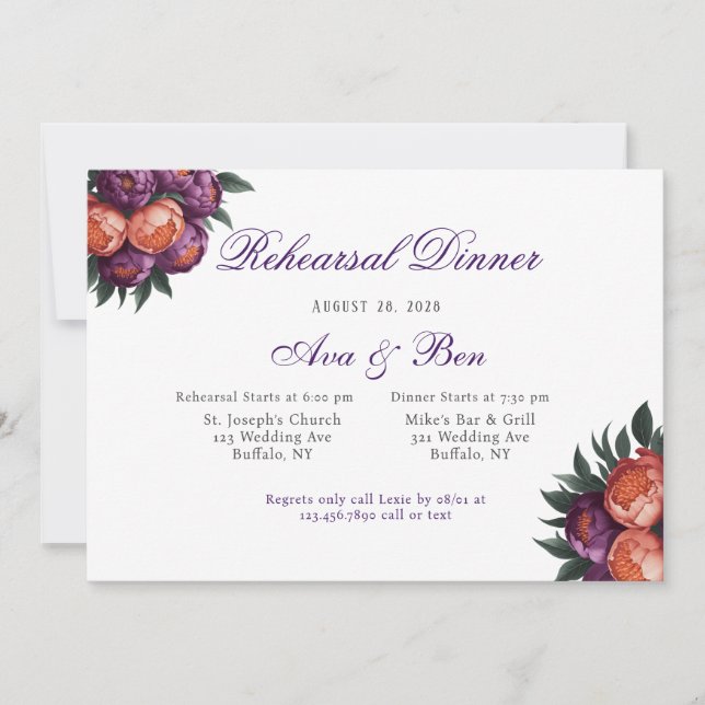 Plum & Orange Peony Silver Rehearsal Dinner Invitation (Front)