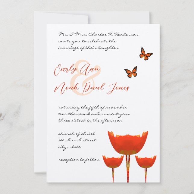 Plum Orange Poppies Papillons Faire-part de mariag (Devant)