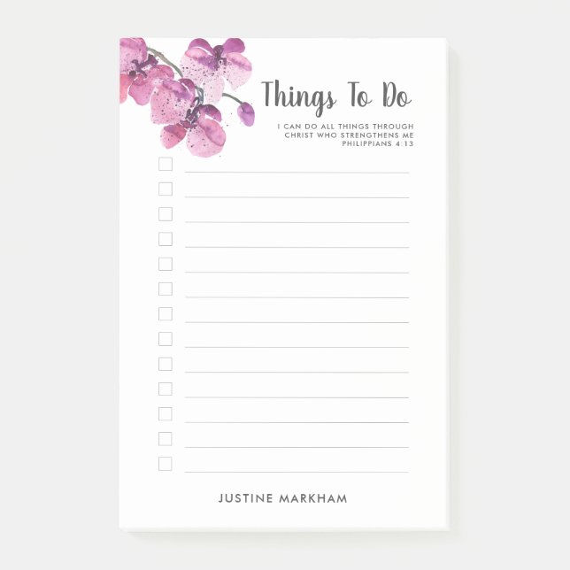 Plum Orchid Scripture Personalized To Do List Post-it Notes (Front)
