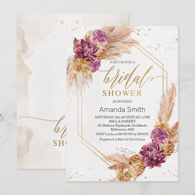 Plum Pampas Grass Boho Geometric Bridal Shower Invitation (Front/Back)