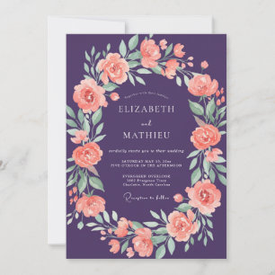 Plum Peach Wreath Wedding Invitation