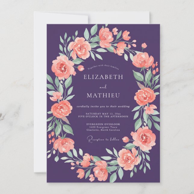 Plum Peach Wreath Wedding Invitation (Front)