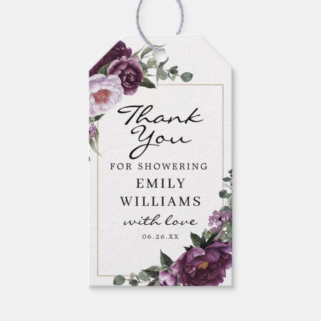 Plum Peonies Bridal Shower Favour Tag  (Front)