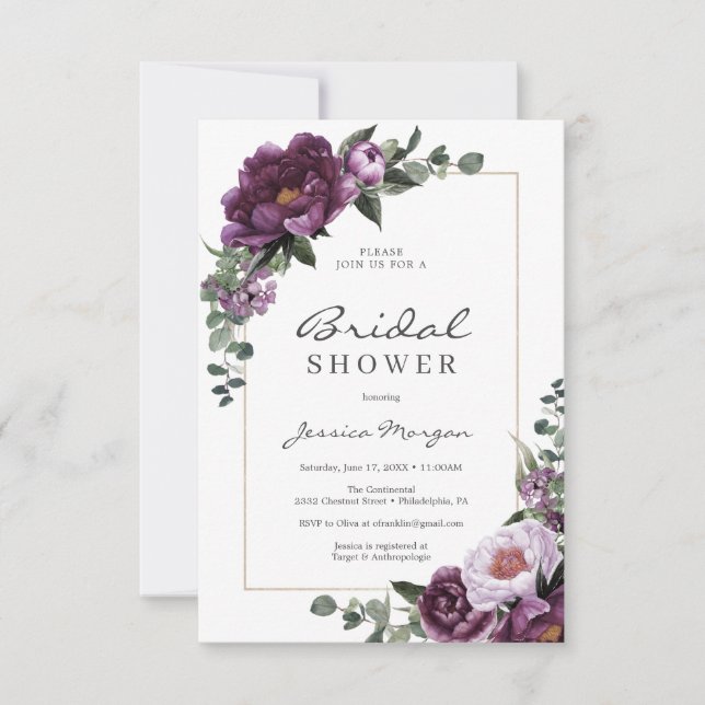 Plum Peonies Bridal Shower Invitation Card (Front)